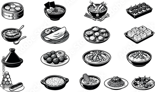 Bild auf Leinwand Dishes Featuring Various International Cuisines and Food Items Featuring Cuisine