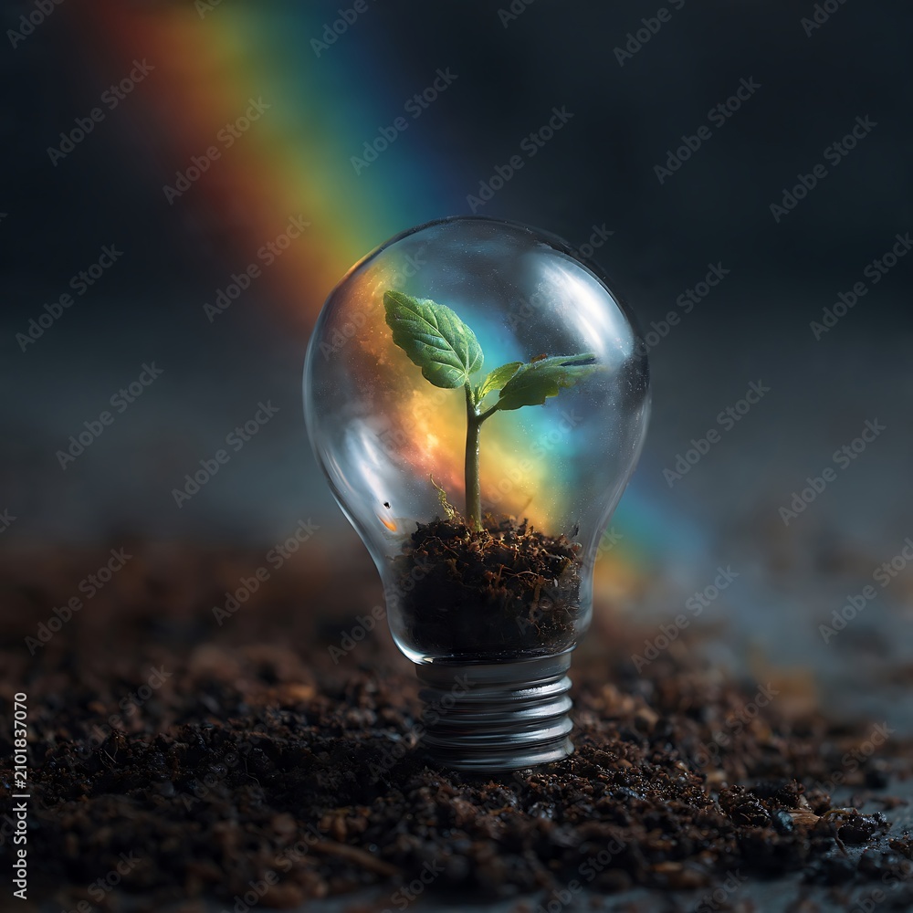 Obraz premium A small green plant growing inside a light bulb with rainbow light effect.