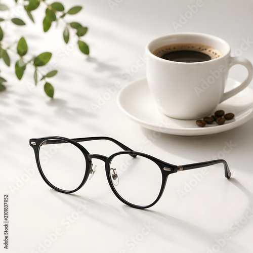 Black Eyeglasses with Coffee Cup on Minimal White Desk – Cozy Workspace and Vision Care Concept