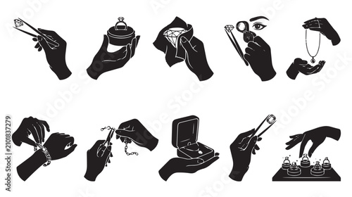 Jewelry making and repair icons set, black silhouette hands working with diamonds and gemstones, 10 vector elements for goldsmith workshop