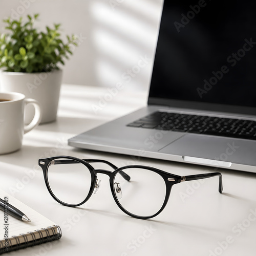 Black Eyeglasses on Modern Office Desk with Laptop – Vision Care and Remote Work Concept