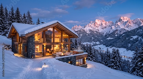 Winter mountain chalet snow scene mountain view ski resort vacation rental luxury home alpine retreat