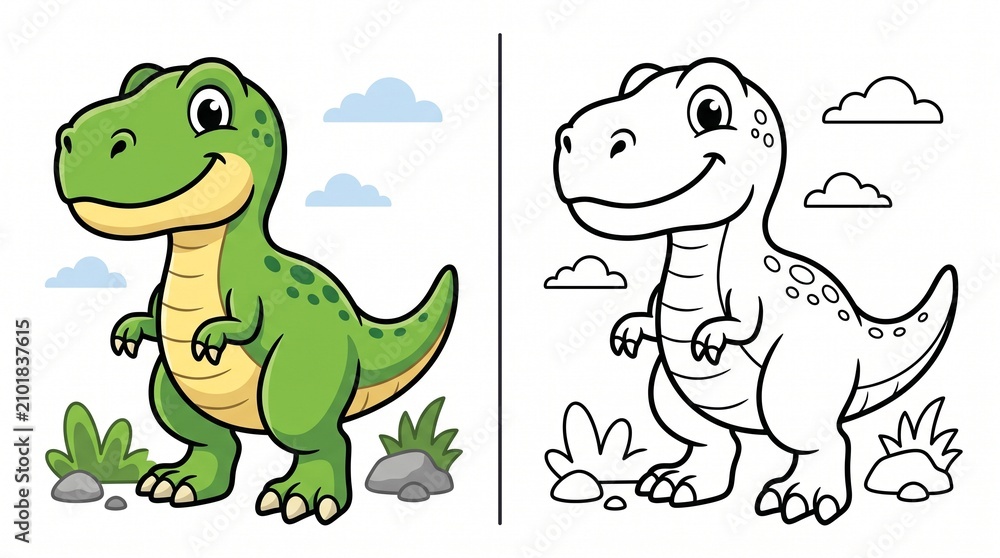 Obraz premium Cartoon Tyrannosaurus Coloring Page with Colored Example and Black Outline Vector Illustration