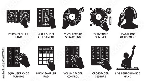 Bild auf Leinwand DJ equipment icon set with hands, 10 black vector music production silhouettes,