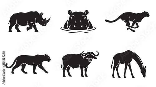 Photography African safari animal silhouettes, set of 6 black vector icons including rhino,