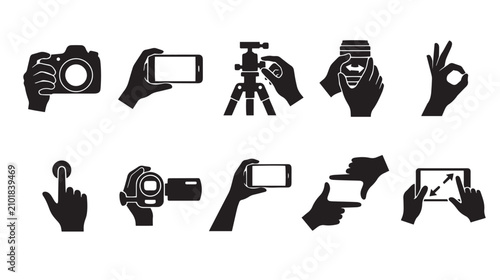 Canvastavla Black silhouette photography icons, set of 10 hand gestures with camera and smar