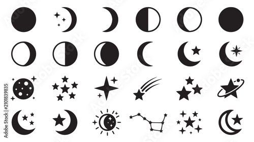 Foto Celestial moon phases and stars icon set, 24 black vector astronomical symbols,