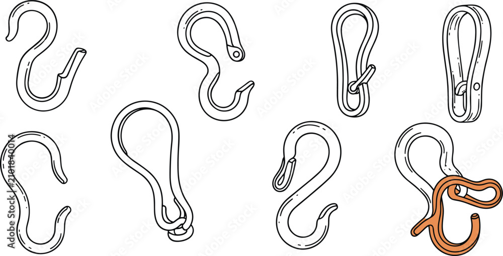 Obraz premium A collection of various metal s-hooks and carabiner clips in line style