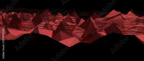Photography Geometric digital landscape with red polygonal mountains and interconnected wireframe network