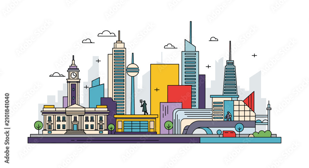 Obraz premium Detailed modern city skyline illustration depicting a variety of architectural styles, iconic urban landmarks, and business buildings.