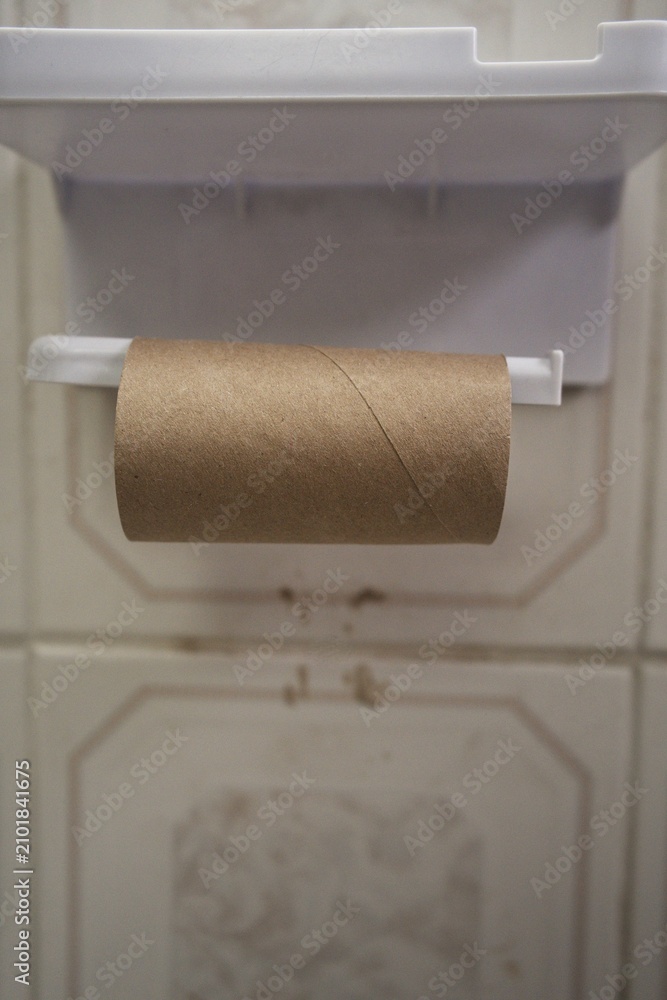 Obraz premium Empty cardboard toilet paper tube on a plastic holder, symbolizing depletion, scarcity, and the need for new provisions