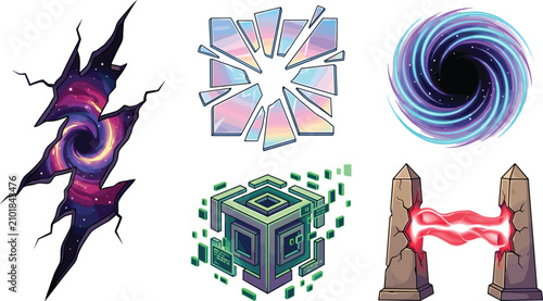 Quadro em tela Sci-Fi Cosmic Anomaly Vector Icon Set with Space Tear Vortex Shattered Glass Dat