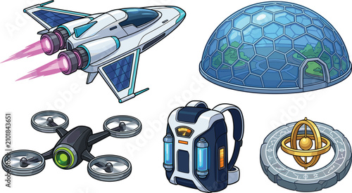 Εκτύπωση καμβά Sci-Fi Space Exploration Vector Asset Set with Spaceship Fighter Geodesic Biodom