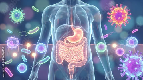 Human gut microbiome with glowing bacteria in digestive system, intestine and stomach, medical 3D illustration, gut health concept