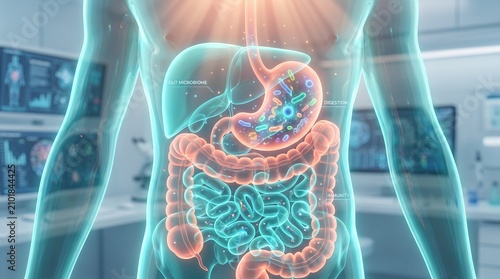 Human gut microbiome with glowing bacteria in digestive system, intestine and stomach, medical 3D illustration, gut health concept