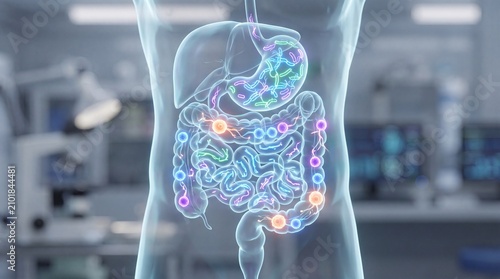 Human gut microbiome with glowing bacteria in digestive system, intestine and stomach, medical 3D illustration, gut health concept