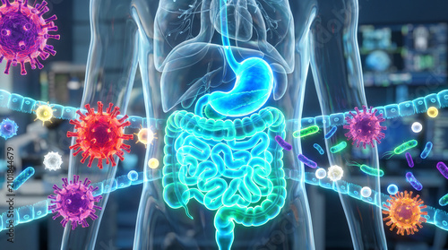 Human gut microbiome with glowing bacteria in digestive system, intestine and stomach, medical 3D illustration, gut health concept