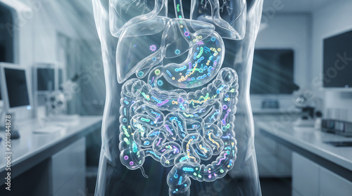 Human gut microbiome with glowing bacteria in digestive system, intestine and stomach, medical 3D illustration, gut health concept