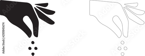 Adding pinch of salt vector icon filled and outline, hand sprinkling spices and seasoning into dish symbol.