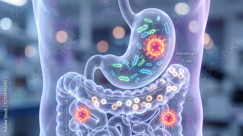 Human gut microbiome with glowing bacteria in digestive system, intestine and stomach, medical 3D illustration, gut health concept