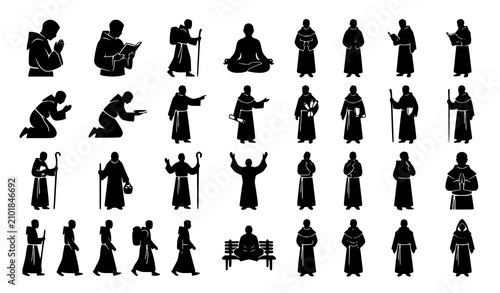 Schilderij op canvas Monastic Figure Icon Bundle with Friar Monk Prayer Worship and Reading Silhouett