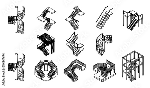 Isometric staircase line icons set with editable stroke thin outline stairs structure vector for construction and engineering plans