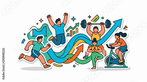 Dynamic illustration of diverse individuals engaging in fitness activities