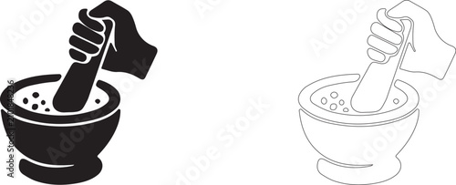 Fotografía Grinding spices in mortar vector icon filled and outline, crushing aromatic herbs with pestle manually symbol