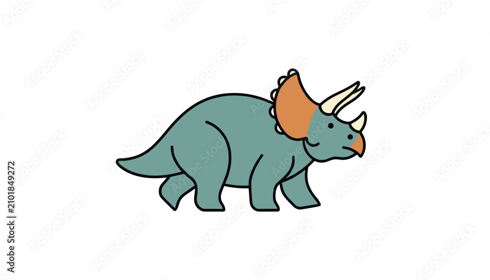 Obraz premium Playful cartoon illustration of a green triceratops dinosaur with three horns, isolated on a white background.