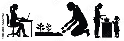A set of black silhouettes showing a woman working on a laptop, gardening with a small shovel, and cooking in a kitchen with a child, isolated on a white background for lifestyle design concepts.