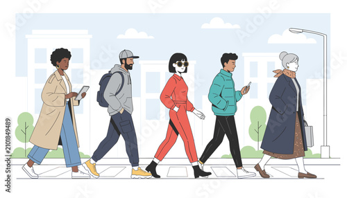Diverse cartoon citizens of different ages and styles walking across a city crosswalk on a sunny day.