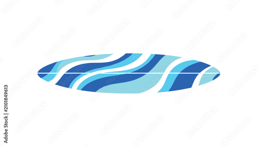 Obraz premium Blue surfboard with beautiful abstract wave pattern in shades of blue and white isolated on a white background.