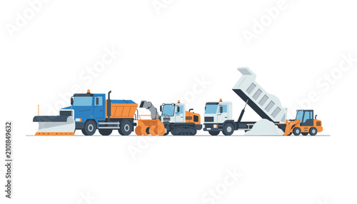 Lineup of heavy duty winter maintenance trucks and snowplows for cleaning roads isolated on a white background.