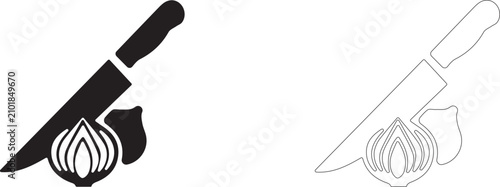 фотографія Chopping onion with knife vector icon filled and outline, slicing vegetables on wooden board symbol