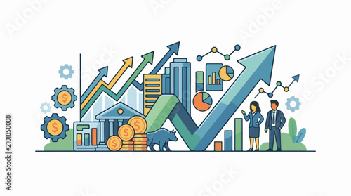 Financial growth illustrated with charts people and symbols of prosperity
