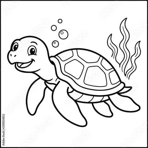 Cartoon sea turtle coloring page, cute underwater animal line art, black and white turtle vector illustration for kids activity