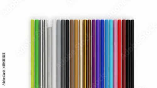 A diverse collection of various colored drinking straws lined up horizontally on a clean white background to showcase a wide spectrum of shades