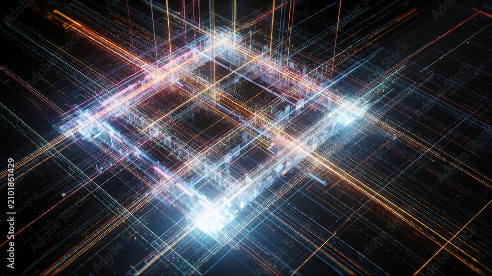 Obraz premium Abstract Futuristic Digital Grid with Glowing Neon Data Lines and Geometric Patterns