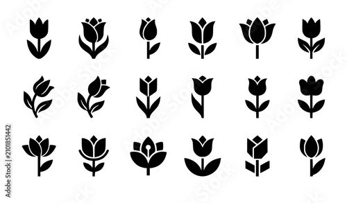 Minimal black tulip flower icon set with elegant botanical silhouettes isolated on white background vector illustration