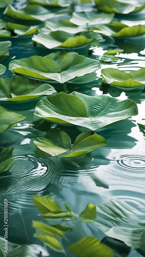Green Water Lily Pads Floating on Calm Pond Water Surface with Gentle Ripples