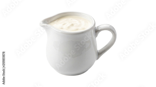 Konstfotografi White ceramic pitcher filled with fresh milk or cream isolated on transparent background for beverage