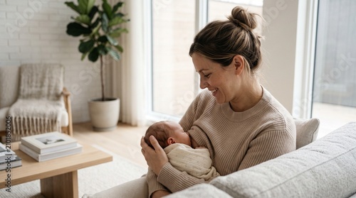 Mother breastfeeding newborn baby at home. Caring mom nursing infant in bright living room.