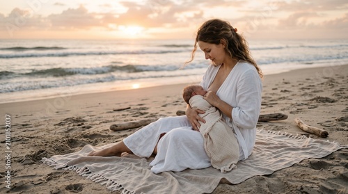 Mother breastfeeding newborn baby on beach. Woman nursing infant at sunset by the ocean.