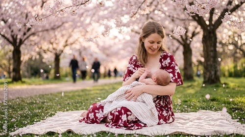 Mother breastfeeding baby in spring park. Woman nursing infant under blooming cherry trees.