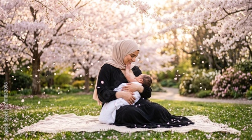 Young couple embracing under cherry blossom trees. Romantic outdoor picnic with flowers in spring sunlight.