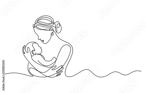 Obraz na plátne Continuous single line drawing of a mother holding her newborn baby with love