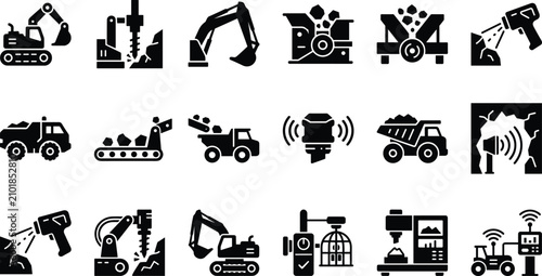 Fotografía Set of mining and construction machinery icons, heavy equipment for excavation,