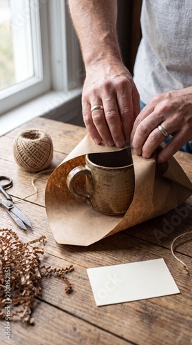 Close-Up Of Hands Wrapping Handmade Ceramic Product In Kraft Paper, Small Business Packaging And Online Order Concept
