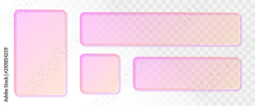 Glassmorphism rectangle long frame set pink and orange gradient. Realistic transparent rounded corner rectangle and square shape glass button mockup. Frosted acrylic plastic effect background.