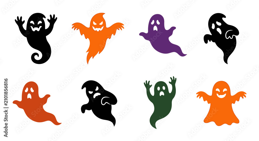 Obraz premium Set of funny ghost icons featuring various expressions for halloween party decoration and creative graphic work.